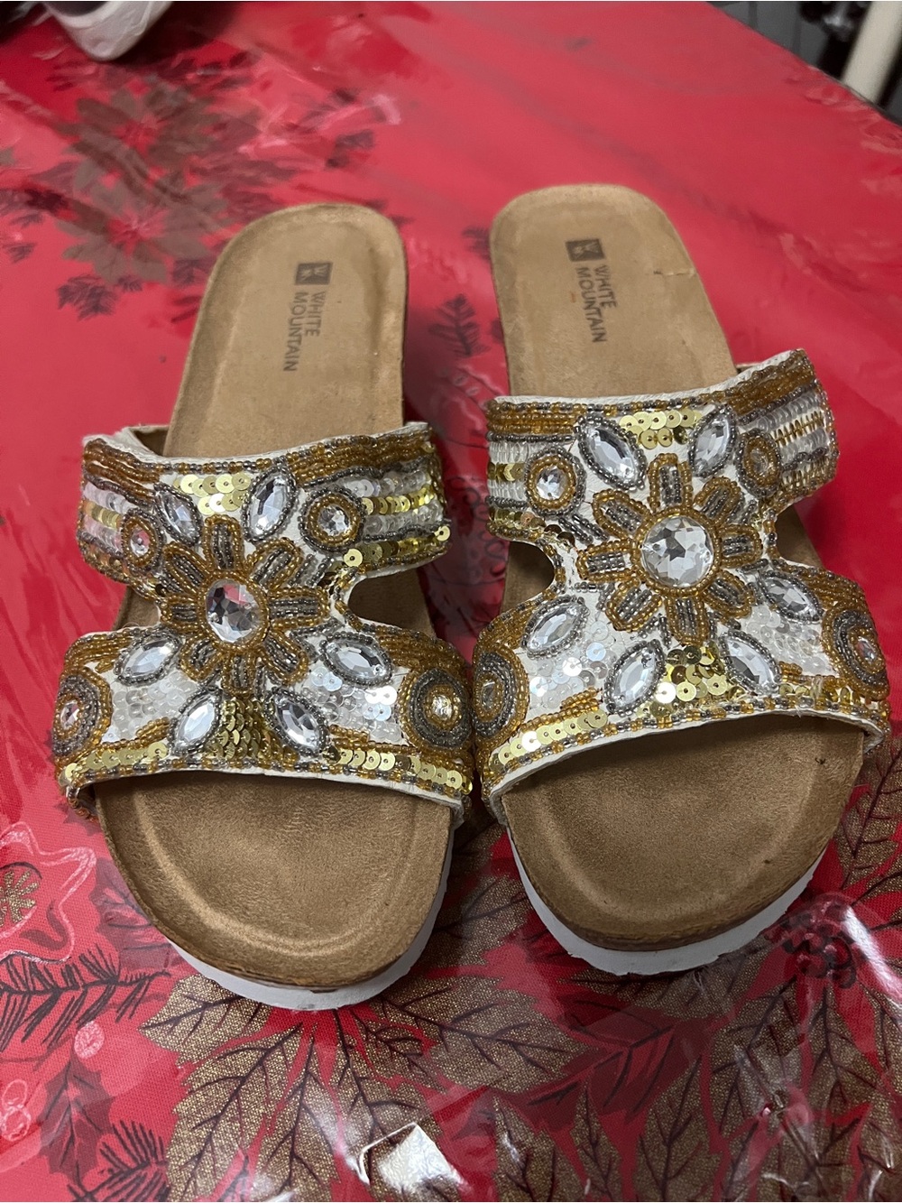 White Mountain Gold and White Embellished Slide Sandals